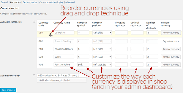 WooCommerce All in One Currency Converter - settings screen